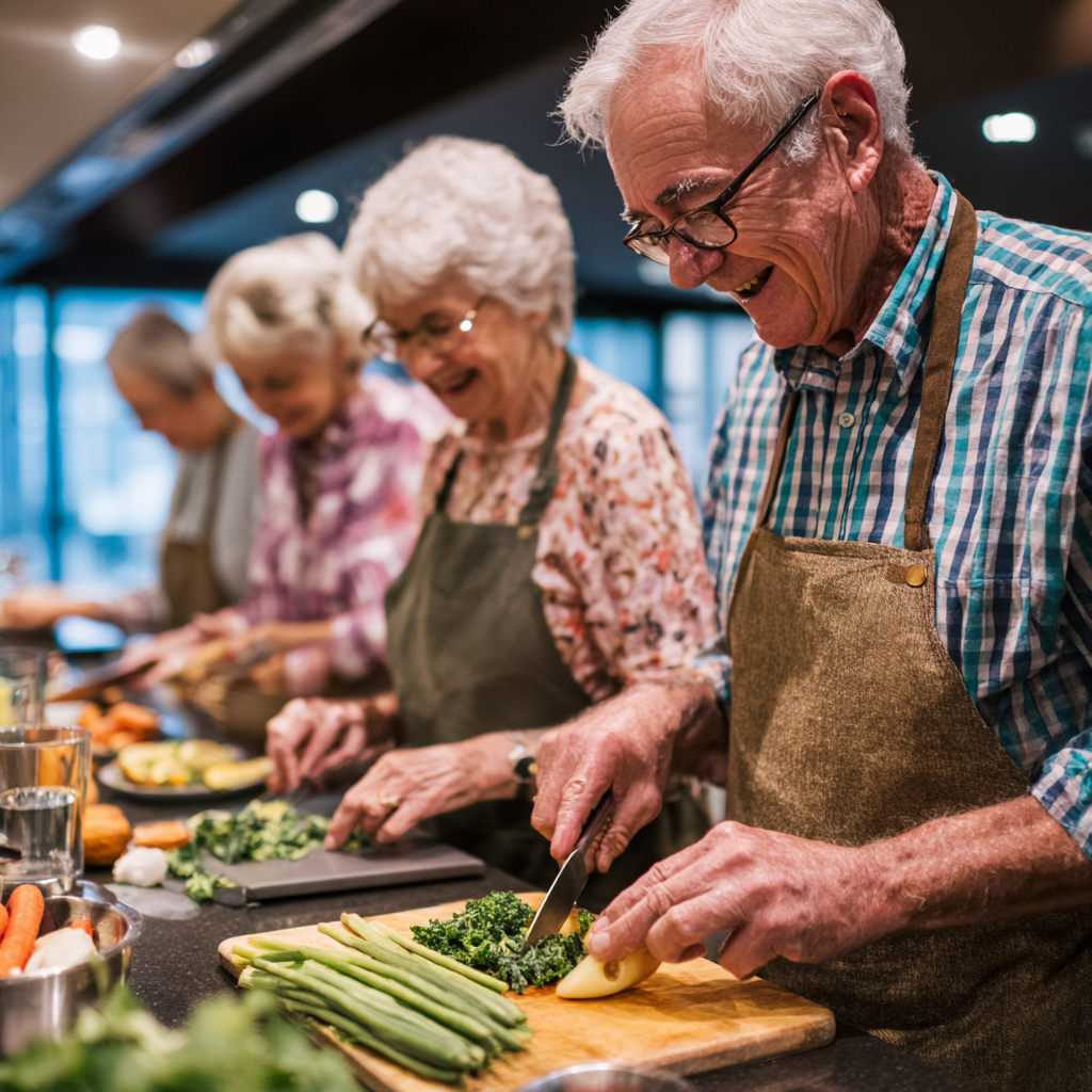 senior adults enjoying healthy cooking workshop with nutritious organic ingredients